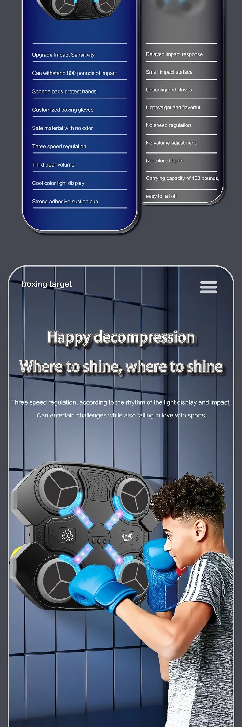 Diana de boxeo electrónica interactiva con luz de impacto y efectos de sonido dinámicos, tabla de boxeo con guantes, velocidad ajustable, ventosa, juguete para ejercitar y jugar en interiores, regalo educativo para niños mayores de 3 años (requiere cable 