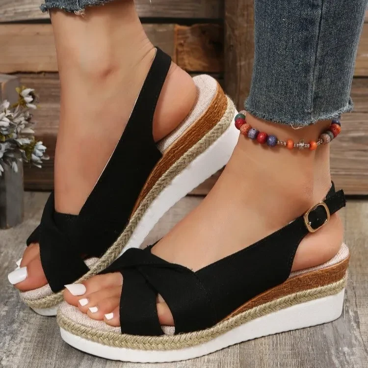Sandalias de cuña cruzada de talla grande para damas europeas y americanas