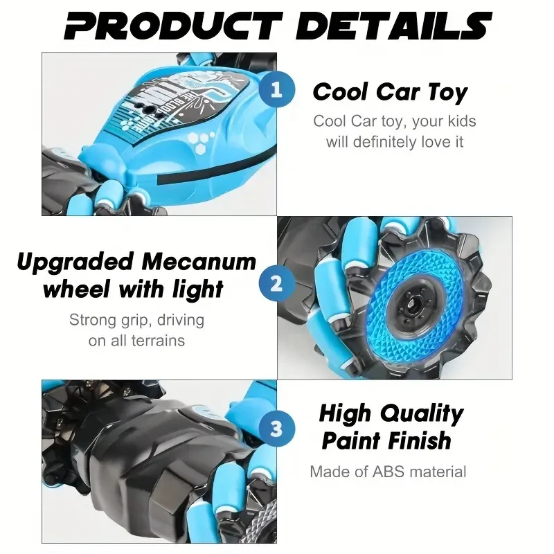 Coche RC acrobático con iluminación LED, control por gestos, que se transforma, trepa y es recargable.