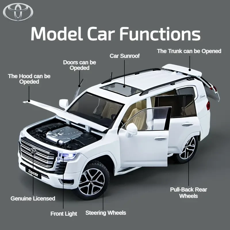Toyota Land Cruiser, coche de juguete de aleación de zinc, escala 1/24, fundido a presión, con retroceso, luz y sonido.