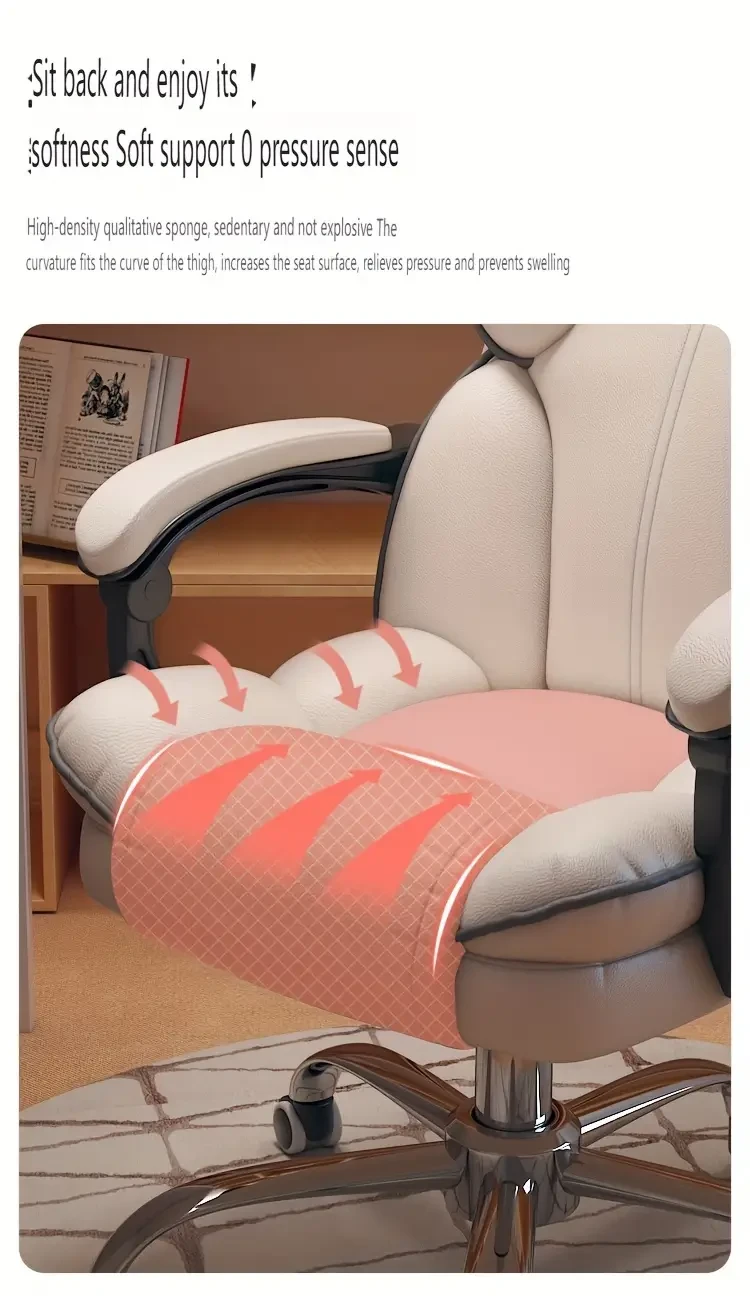 Silla ejecutiva ergonómica con tapizado de cuero, estructura de metal y espuma viscoelástica. Silla de escritorio para computadora con reposapiés, movimiento de balanceo y reclinación manual. Acabado pulido. Limpieza localizada. Apta para pisos duros y al