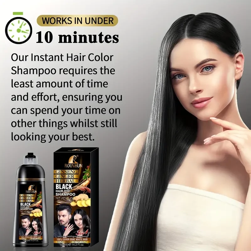 Champú de coloración rápida de 420 ml: cobertura instantánea de canas, aspecto natural, color duradero, fácil de usar, sin daños, sin sulfatos, para hombres y mujeres, tinte negro en minutos.