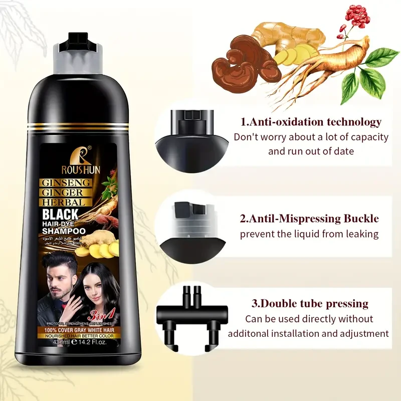 Champú de coloración rápida de 420 ml: cobertura instantánea de canas, aspecto natural, color duradero, fácil de usar, sin daños, sin sulfatos, para hombres y mujeres, tinte negro en minutos.