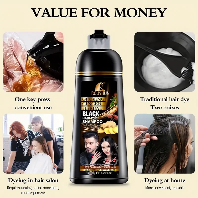 Champú de coloración rápida de 420 ml: cobertura instantánea de canas, aspecto natural, color duradero, fácil de usar, sin daños, sin sulfatos, para hombres y mujeres, tinte negro en minutos.