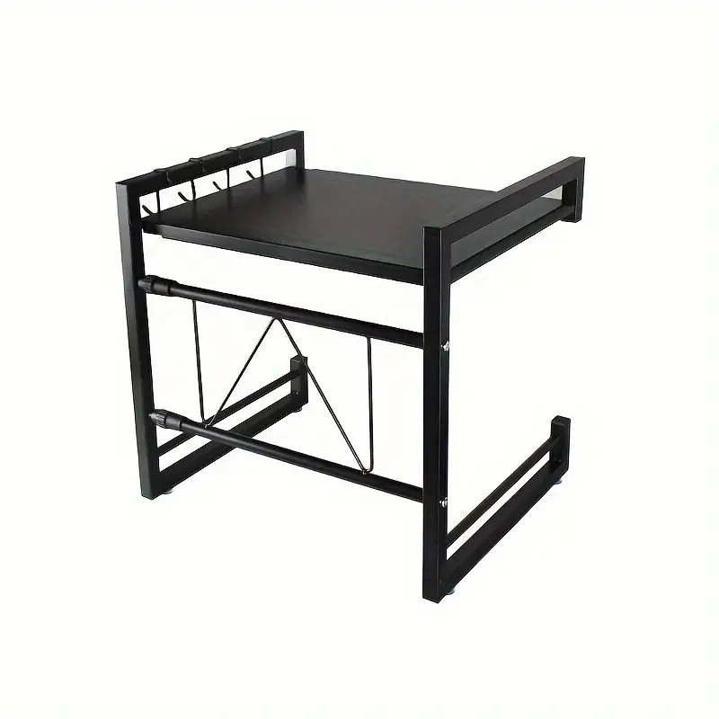 Estante de almacenamiento para microondas, extensible, para utensilios de cocina y vajilla, de acero al carbono con 6 ganchos.