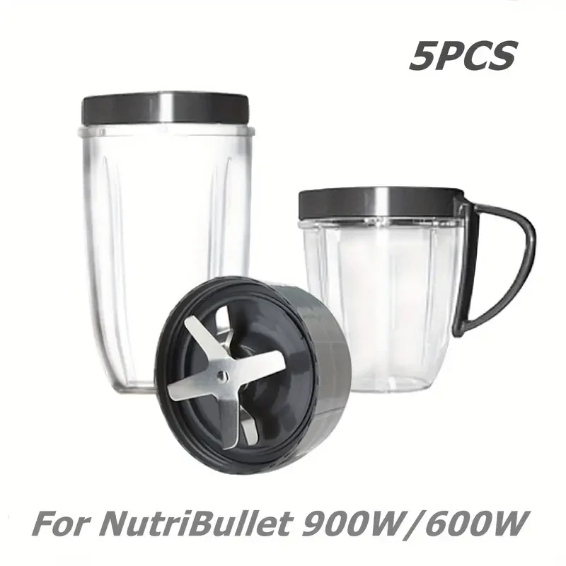 Accesorios para licuadoras Nutribullet: juego de 5 vasos y cuchillas de repuesto para licuadora Nutribullet (24 oz y 18 oz) y anillo de tapa.