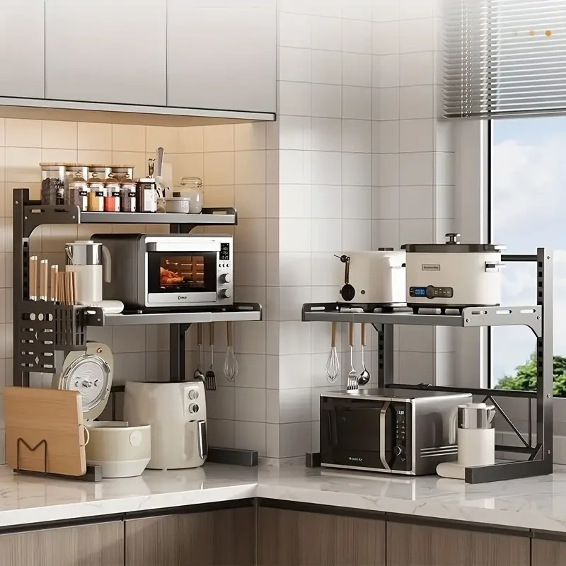 Organizador de cocina expandible de fácil instalación: estante multicapa para microondas y electrodomésticos, de hierro fundido con tubos de metal.