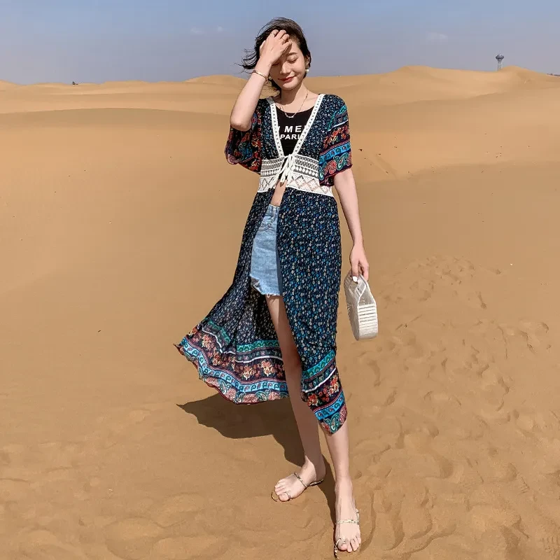 CUPSHE Boho Crochet Kimono Cover Up Mujer Sexy Manga Corta