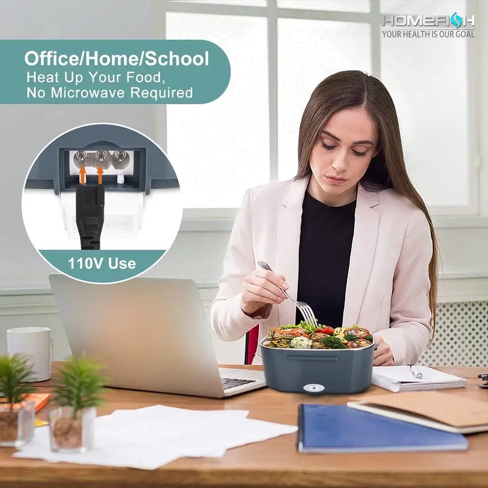 Fiambrera eléctrica HOMEFISH de 1,5 L, calentador de alimentos portátil de 60 W con revestimiento de acero inoxidable 304 a prueba de fugas