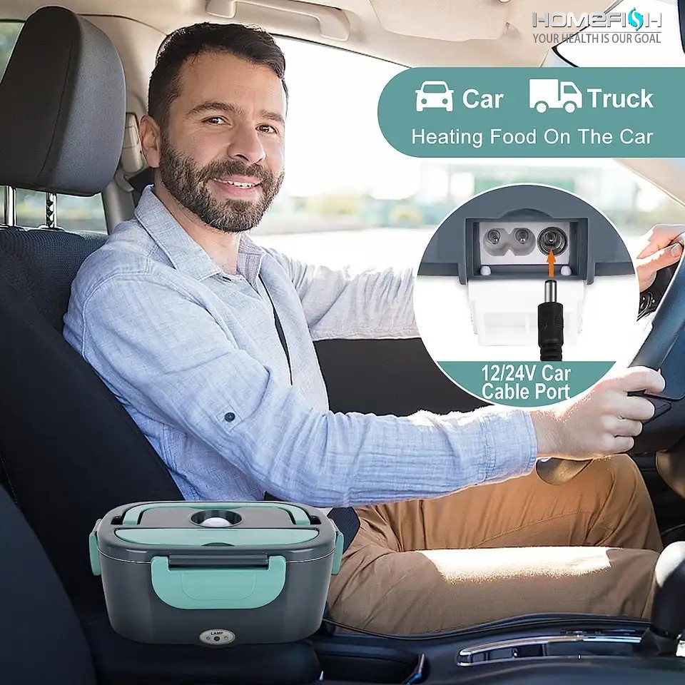 Fiambrera eléctrica HOMEFISH de 1,5 L, calentador de alimentos portátil de 60 W con revestimiento de acero inoxidable 304 a prueba de fugas