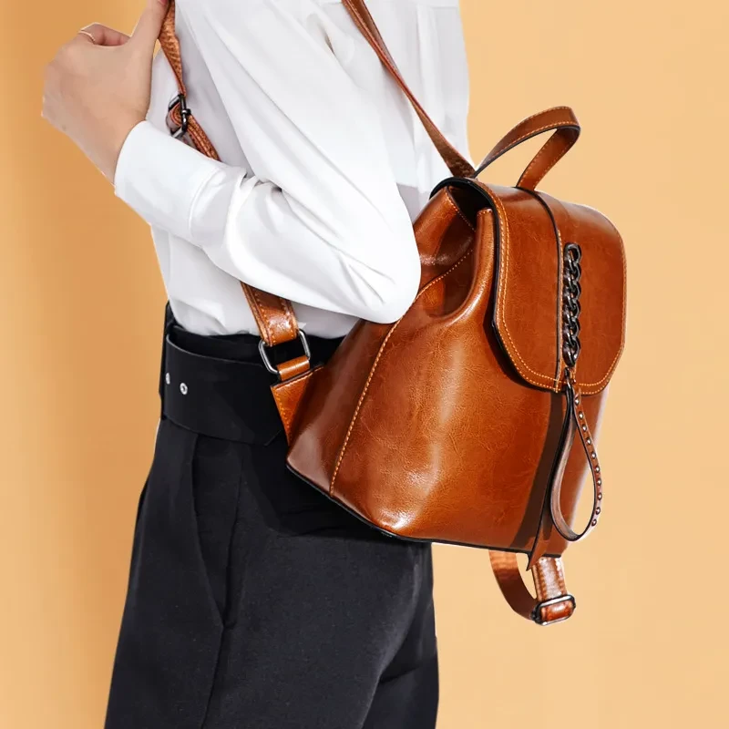 Mochila de cuero para mujer con costuras de coche, mochila informal de cuero a la moda, mochila de viaje para mujer