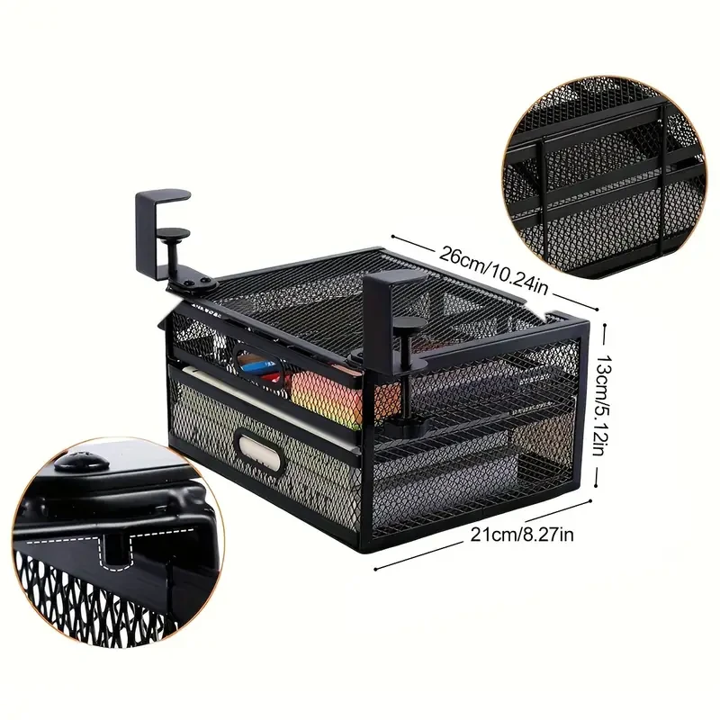 Organizador de cajones de metal para debajo del escritorio, 26 x 13,5 x 21 cm, cajones deslizantes dobles, abrazaderas de seguridad sin taladros