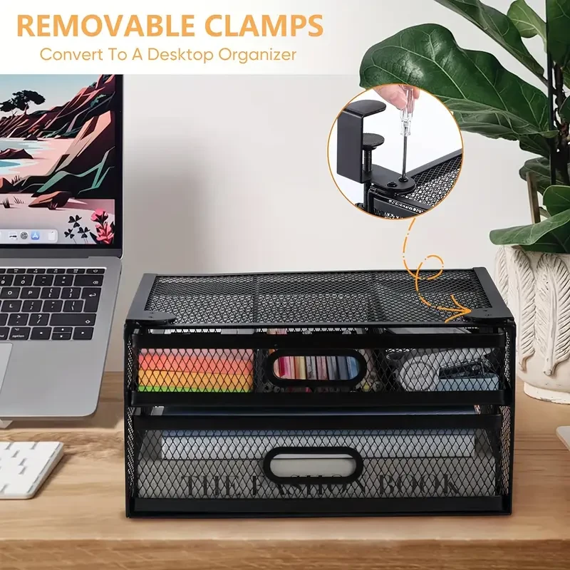 Organizador de cajones de metal para debajo del escritorio, 26 x 13,5 x 21 cm, cajones deslizantes dobles, abrazaderas de seguridad sin taladros