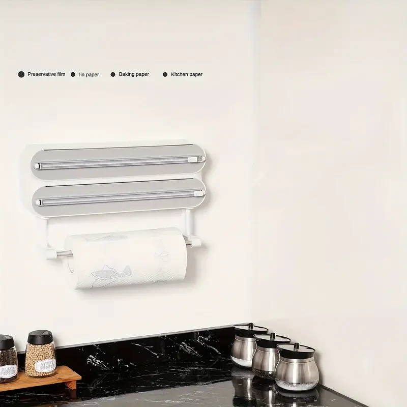 Caja de almacenamiento, cortador de película de plástico multifuncional con soporte para papel, cortador de película de plástico para colgar en la pared, estante de almacenamiento doméstico sin agujeros