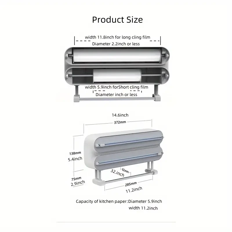 Caja de almacenamiento, cortador de película de plástico multifuncional con soporte para papel, cortador de película de plástico para colgar en la pared, estante de almacenamiento doméstico sin agujeros