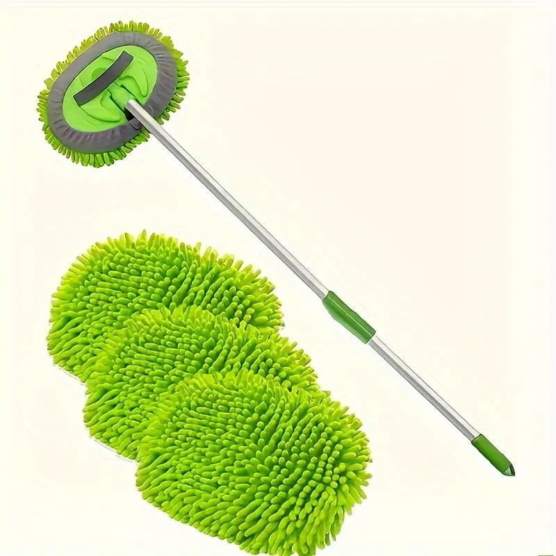 Juego de trapeador y cepillo de microfibra chenilla 2 en 1 para lavado de autos con funda de tela reemplazable, mango largo, limpieza sin rayones para autos, baños y más.