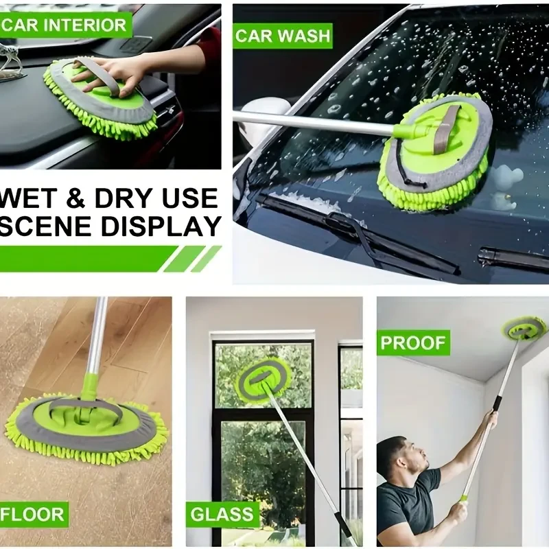 Juego de trapeador y cepillo de microfibra chenilla 2 en 1 para lavado de autos con funda de tela reemplazable, mango largo, limpieza sin rayones para autos, baños y más.