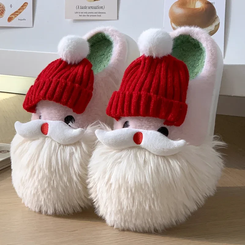 Bonitas pantuflas navideñas de Papá Noel para el hogar, cálidas y antideslizantes, de felpa, para invierno, para mujer.