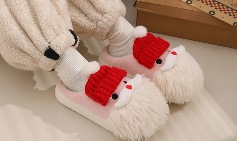 Bonitas pantuflas navideñas de Papá Noel para el hogar, cálidas y antideslizantes, de felpa, para invierno, para mujer.