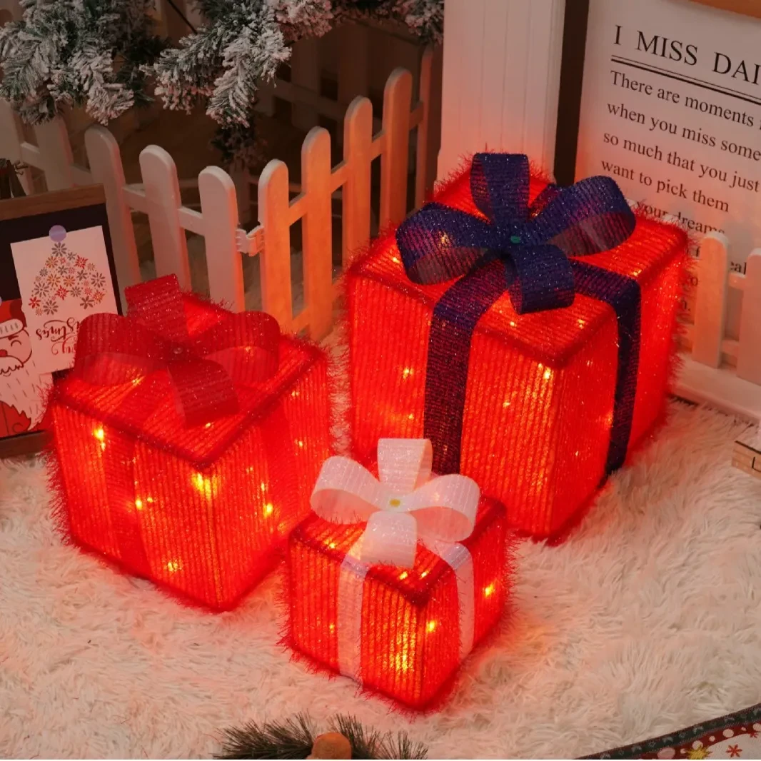 Caja de regalo navideña con luces y control remoto, decoración navideña de tres piezas