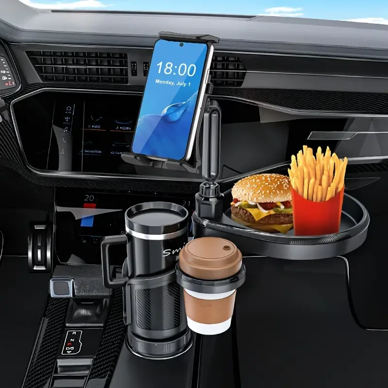 Bandeja portavasos para coche 4 en 1 y soporte para tableta/teléfono