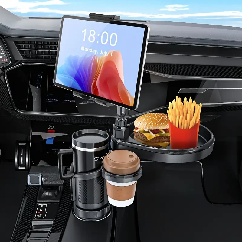Bandeja portavasos para coche 4 en 1 y soporte para tableta/teléfono