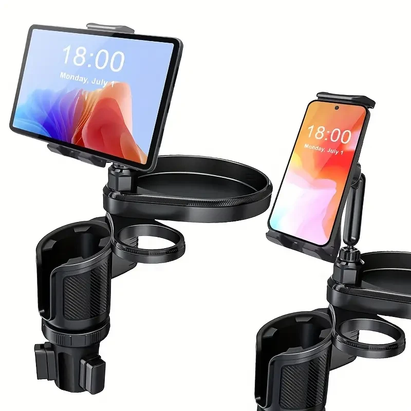 Bandeja portavasos para coche 4 en 1 y soporte para tableta/teléfono