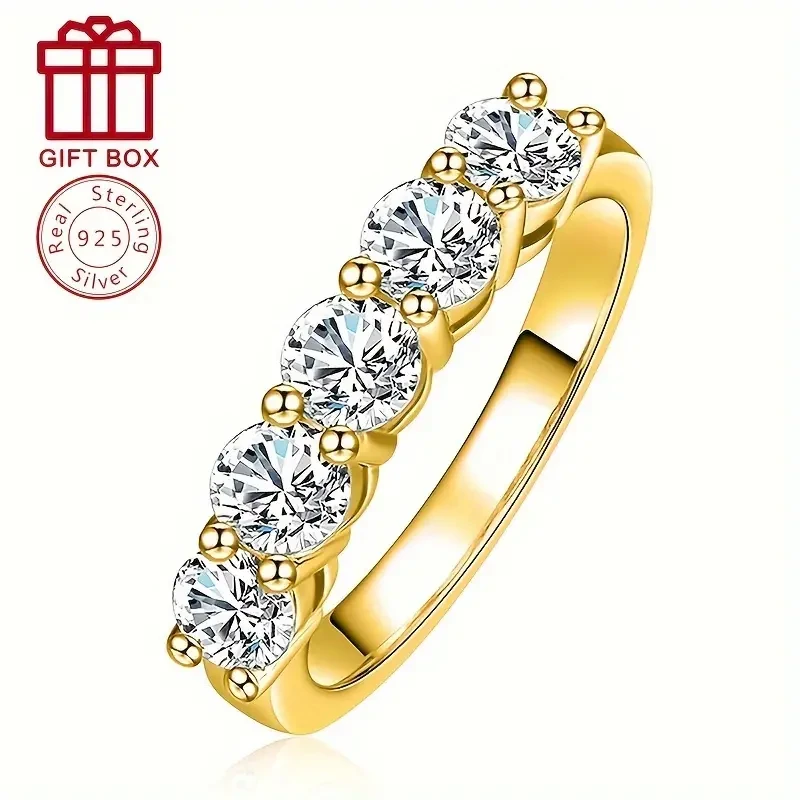 Anillo de aniversario de lujo con moissanita en plata 925 bañada en oro de 14 quilates, peso total de 1,5 quilates, elegante alianza de compromiso con promesa eterna para mujer, ideal para uso diario y ocasiones especiales.