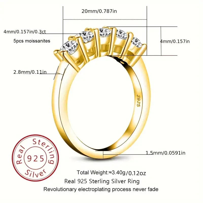 Anillo de aniversario de lujo con moissanita en plata 925 bañada en oro de 14 quilates, peso total de 1,5 quilates, elegante alianza de compromiso con promesa eterna para mujer, ideal para uso diario y ocasiones especiales.