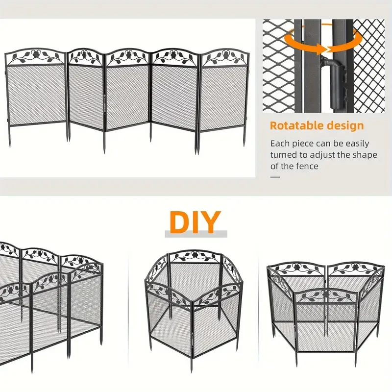 Valla decorativa de metal resistente para jardín, 5 paneles, para animales medianos y pequeños, ideal para uso en interiores y exteriores. Medidas: 60 x 110 cm (largo x alto).