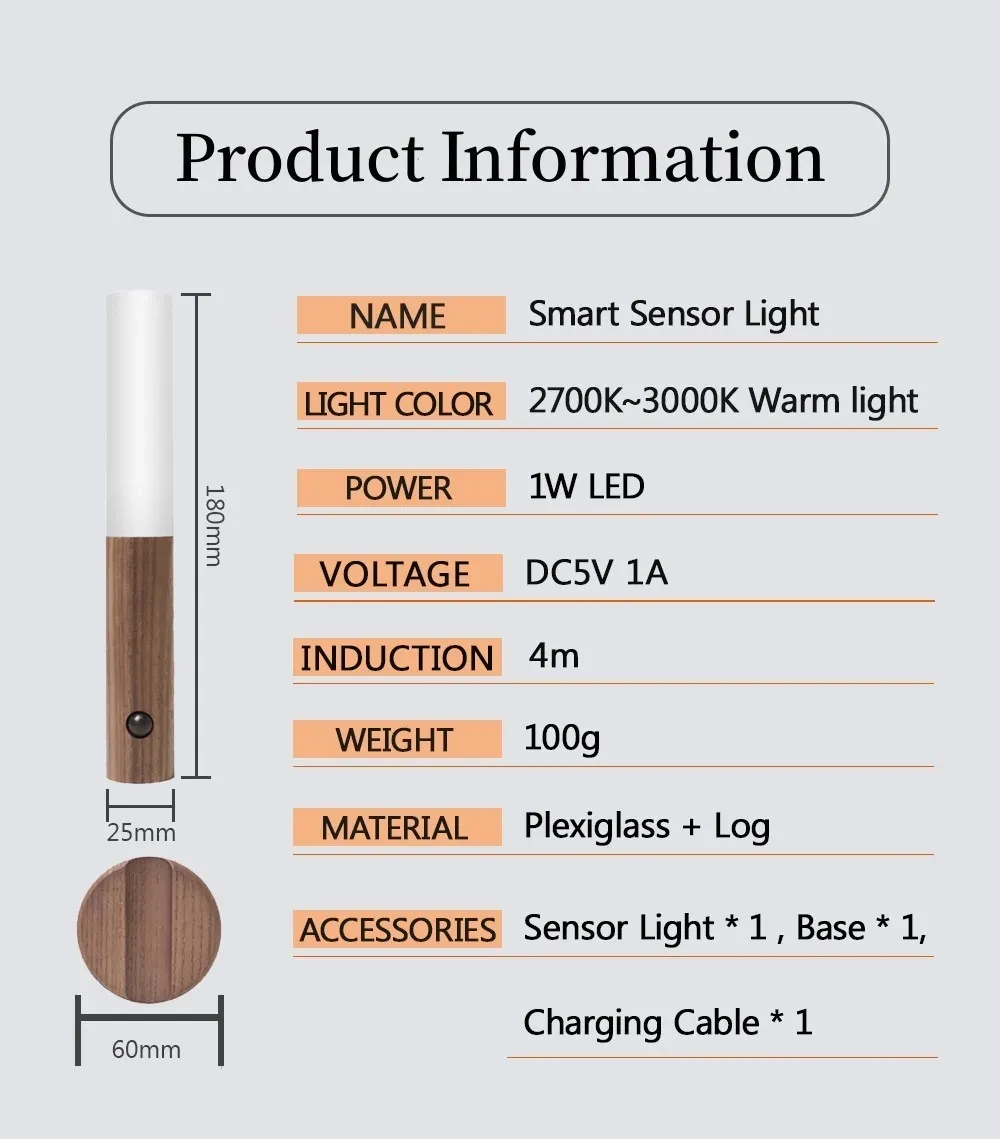 Luz nocturna inalámbrica magnética de madera con LED USB para coche
