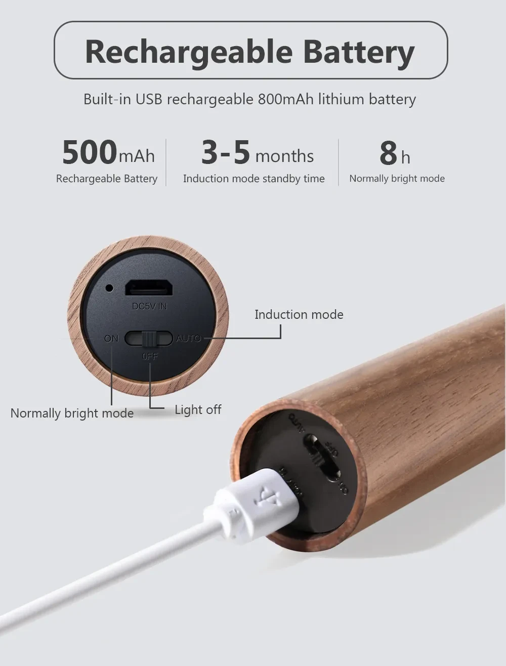 Luz nocturna inalámbrica magnética de madera con LED USB para coche