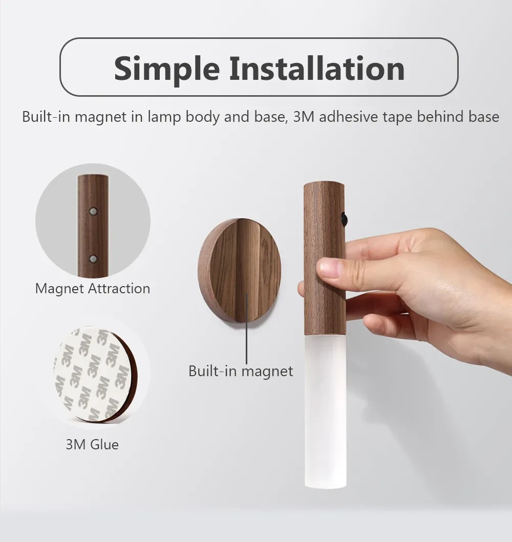 Luz nocturna inalámbrica magnética de madera con LED USB para coche