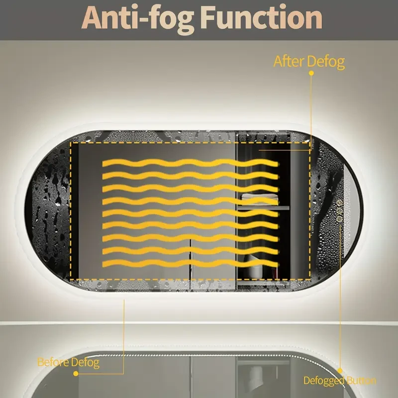 Espejo de baño de pared LED ovalado con iluminación de pared, antivaho, 3 colores, iluminación regulable, interruptor inteligente, función de memoria, espejo de maquillaje enchufable, vertical u horizontal, para baño y sala de estar.