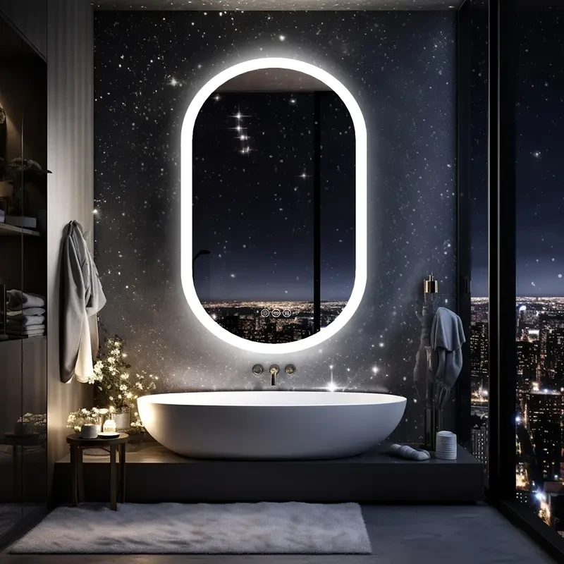 Espejo de baño de pared LED ovalado con iluminación de pared, antivaho, 3 colores, iluminación regulable, interruptor inteligente, función de memoria, espejo de maquillaje enchufable, vertical u horizontal, para baño y sala de estar.
