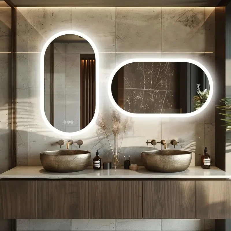 Espejo de baño de pared LED ovalado con iluminación de pared, antivaho, 3 colores, iluminación regulable, interruptor inteligente, función de memoria, espejo de maquillaje enchufable, vertical u horizontal, para baño y sala de estar.