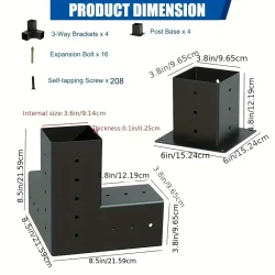 Kit de pérgola, soportes de pérgola en ángulo recto de 3 vías, kit de soporte elevado de madera de 4 piezas con tornillos para madera de 4x4 (medidas reales: 8,89x8,89 cm), kit de base de poste de bricolaje de Woodworks, kit de herrajes para pérgola de ex