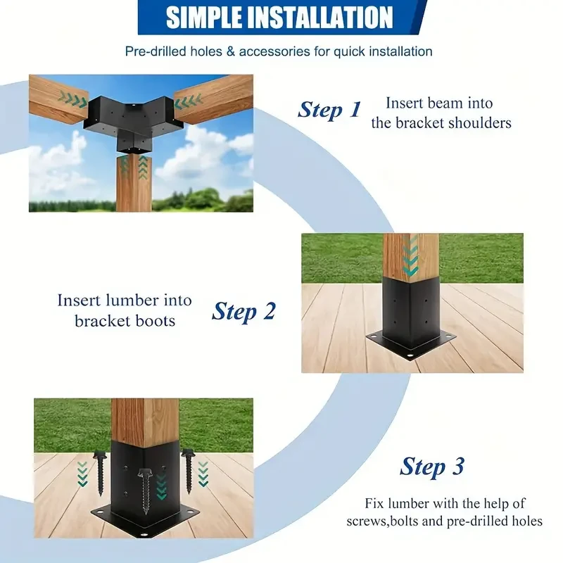 Kit de pérgola, soportes de pérgola en ángulo recto de 3 vías, kit de soporte elevado de madera de 4 piezas con tornillos para madera de 4x4 (medidas reales: 8,89x8,89 cm), kit de base de poste de bricolaje de Woodworks, kit de herrajes para pérgola de ex