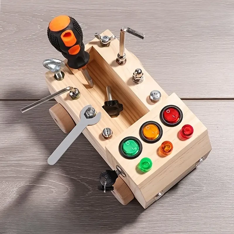 Tablero de actividades de madera con interruptor LED y destornillador: juguete de aprendizaje temprano para niños, actividad práctica, educativa y relajante.