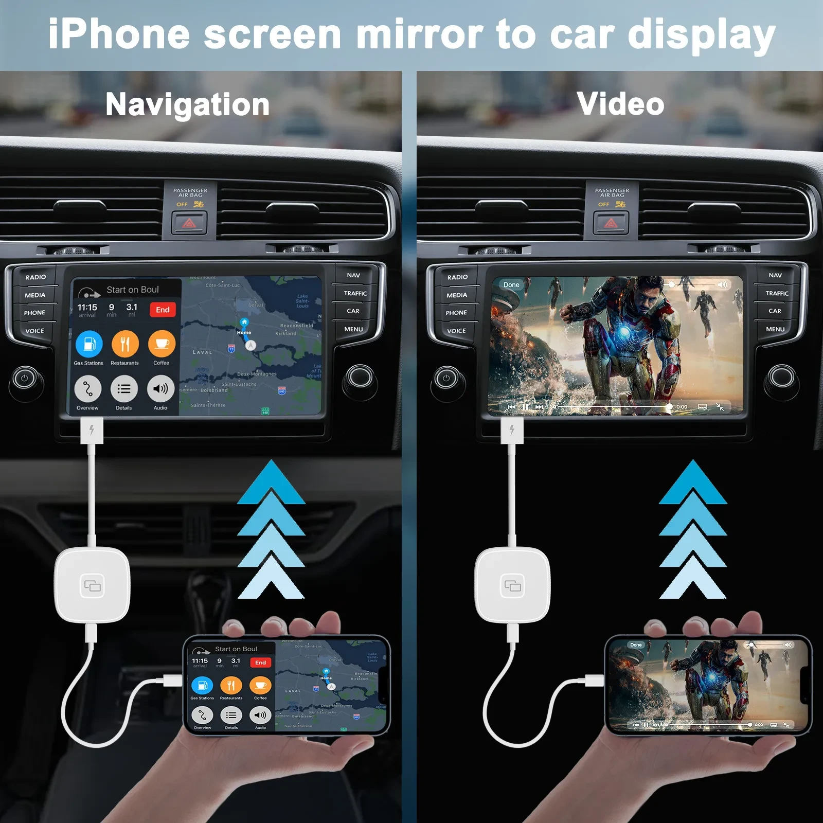 Compatible con la pantalla de proyección de imagen del espejo retrovisor del coche original con cable Carplay.