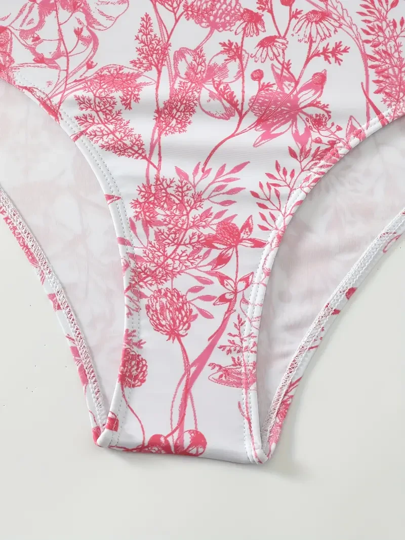 Traje de baño de una pieza con estampado de plantas, dobladillo con volantes, espalda fruncida, hebilla, espalda descubierta, falda, trajes de baño y ropa para mujer