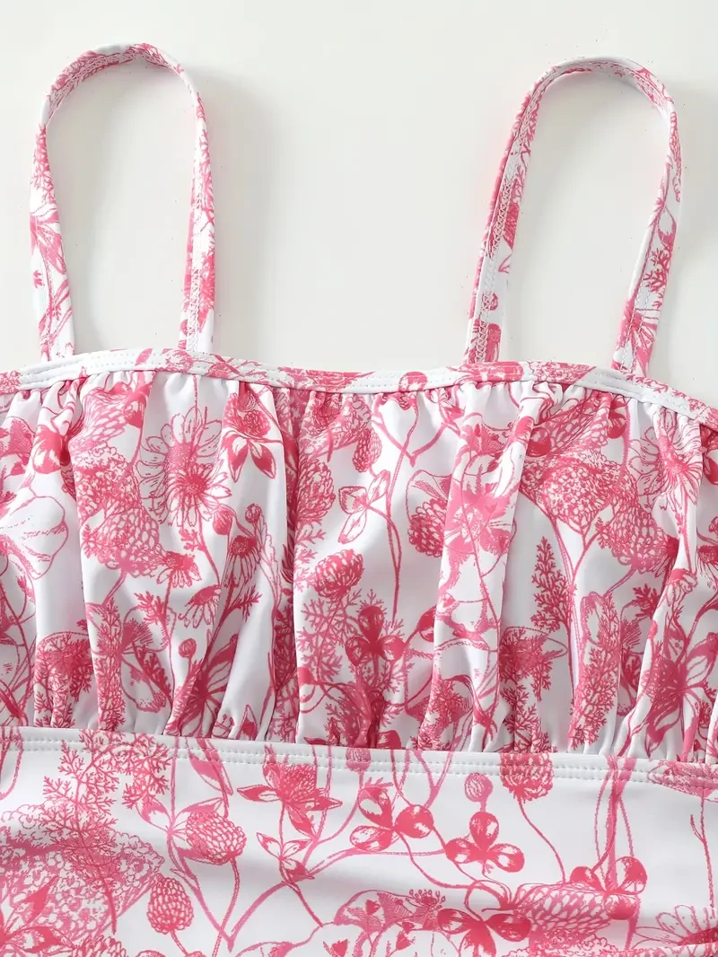 Traje de baño de una pieza con estampado de plantas, dobladillo con volantes, espalda fruncida, hebilla, espalda descubierta, falda, trajes de baño y ropa para mujer