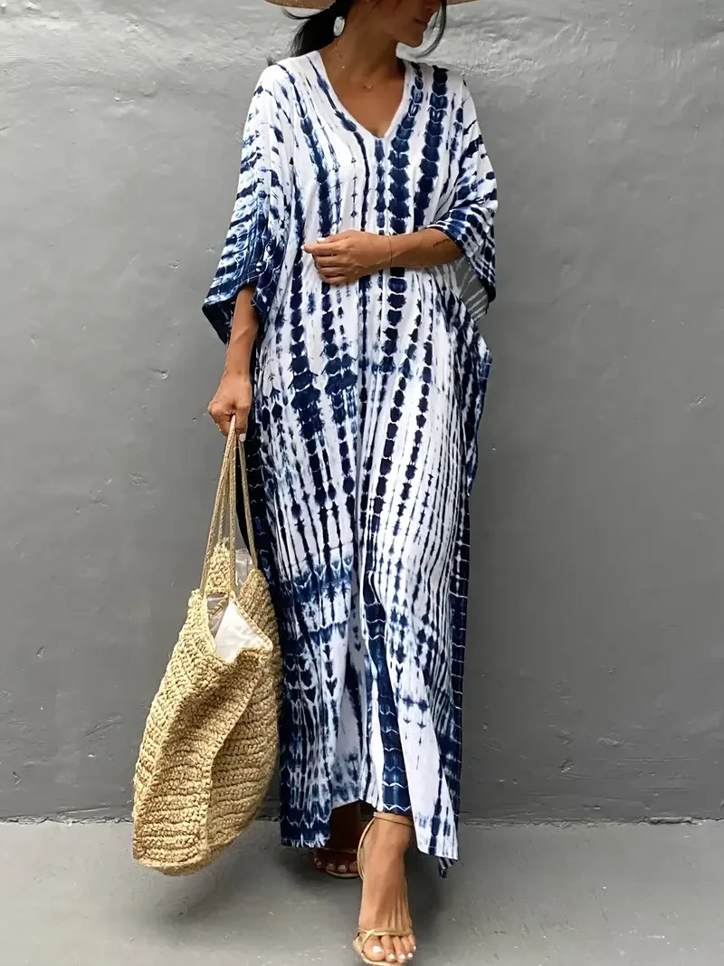 Vestido playero tipo caftán con estampado tie-dye bohemio, bata de baño holgada para mujer, estilo informal de verano.