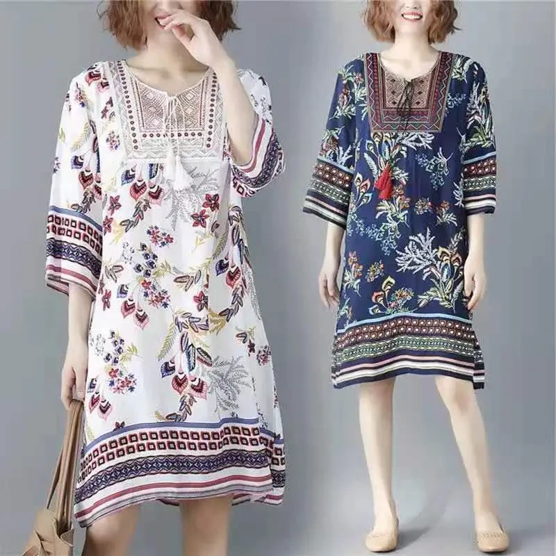 Vestido de playa estampado con cuello redondo para mujer