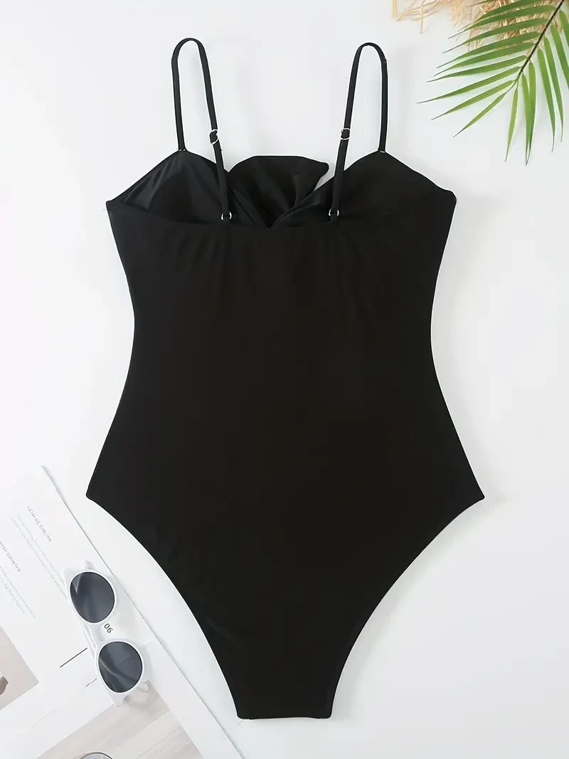 Traje de baño de una pieza con lazo de moda de dos piezas, conjunto de traje de baño adelgazante retro de color sólido, traje de protección solar para mujer