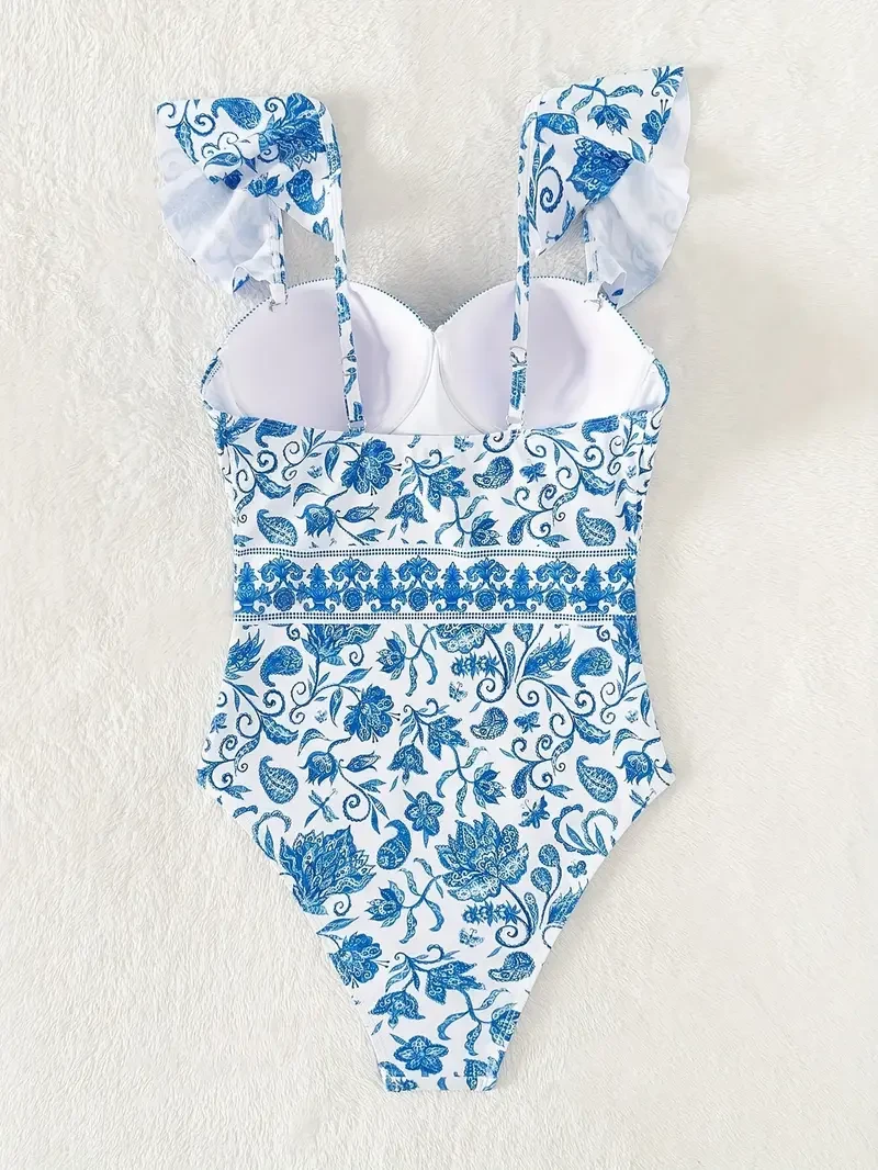 Traje de baño de una pieza con estampado de porcelana azul y blanca, elegante y cómodo, diseño de moda, clásico y elegante, trajes de baño y ropa para mujer.