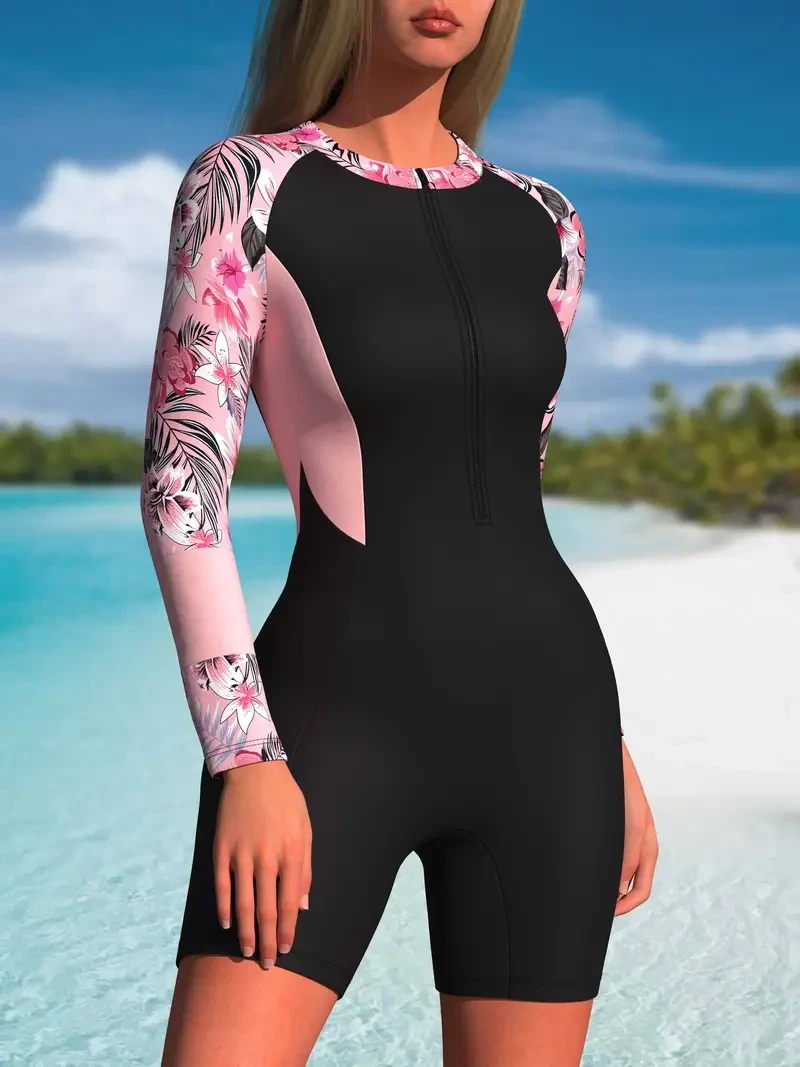 Traje de baño de una pieza Rush Guard con estampado floral vibrante y pantalones cortos: manga larga, cierre frontal y secado rápido.