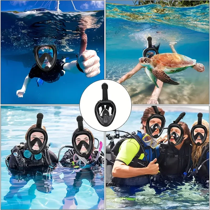 Máscara de snorkel integral con vista panorámica, respiración segura, antivaho, antifugas y retención de cámara. Perfecta para adultos y nadadores.