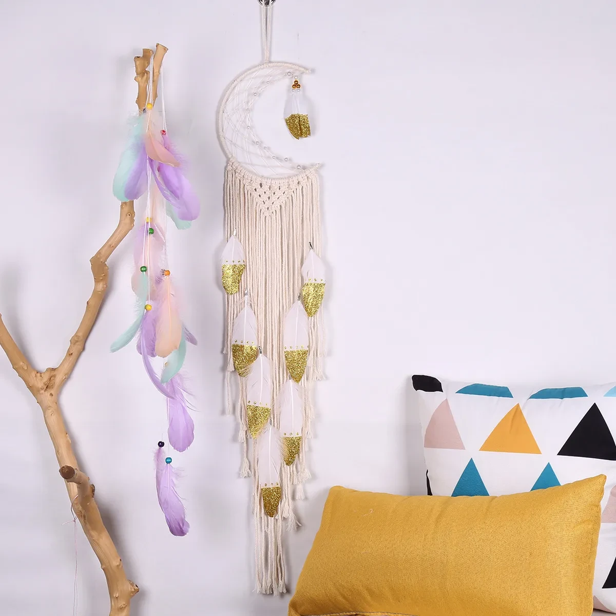 Atrapasueños en forma de media luna dorado para decoración del hogar