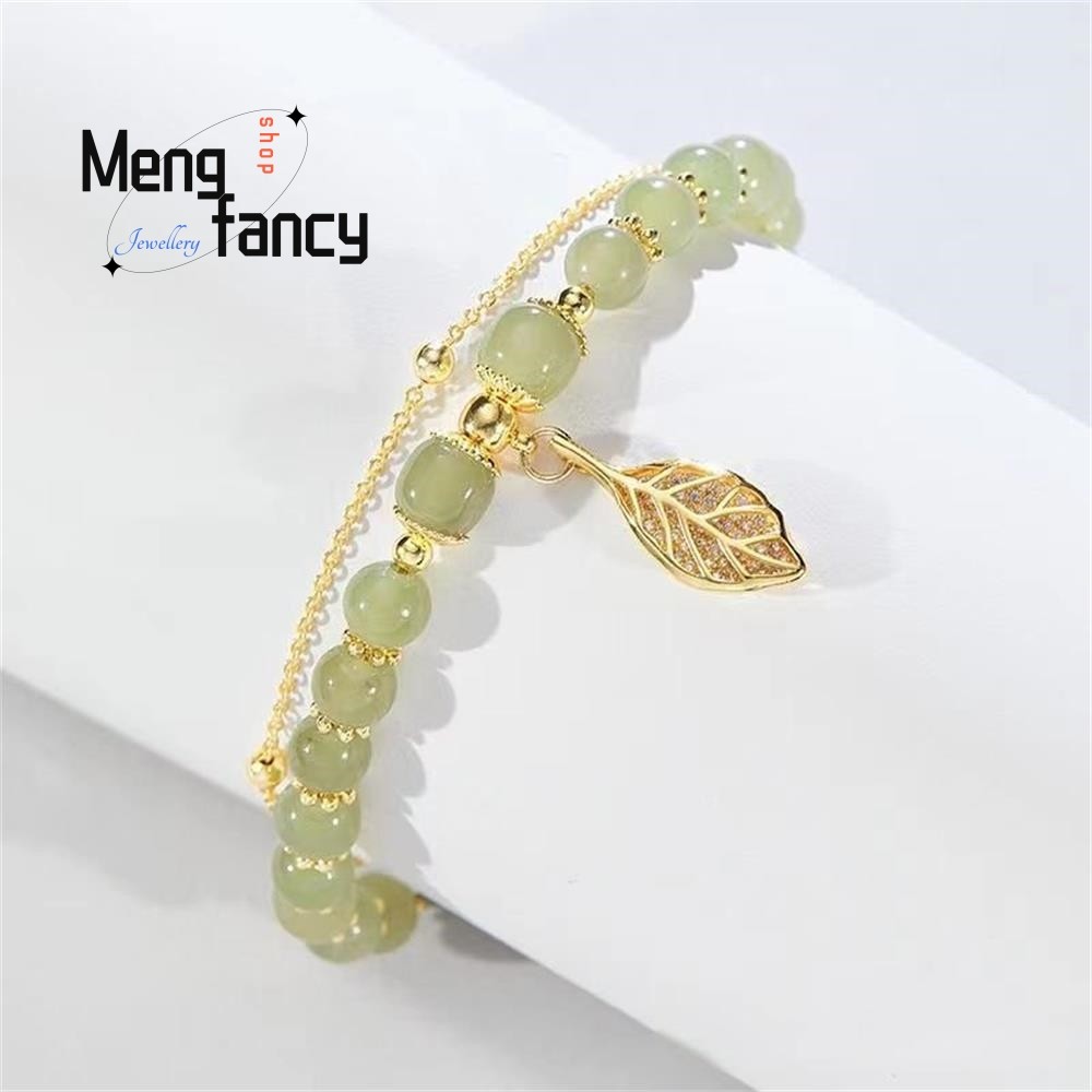Pulsera de jaspe hetiano natural con rama dorada y hojas de jade para mujer. Joyería de moda.